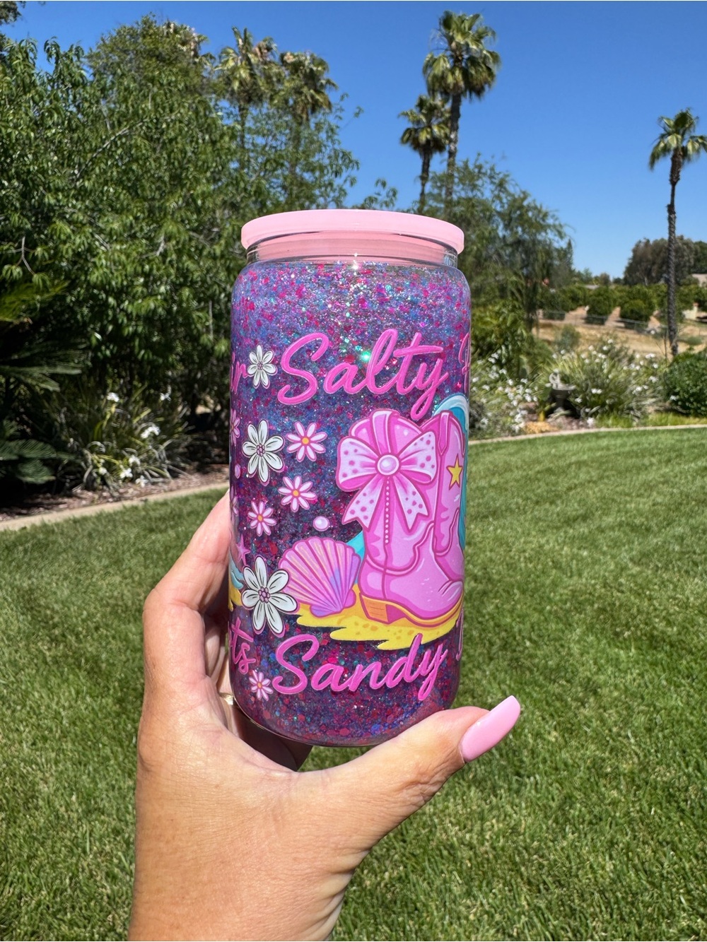 Salty hair sandy Boots snow globe tumbler 16oz
